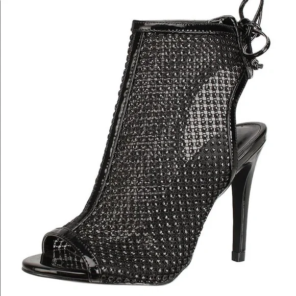 Sexy Black Peeptoe Rhinestone Mesh Strappy Lace Up High Heel Booties - Picture 3 of 4